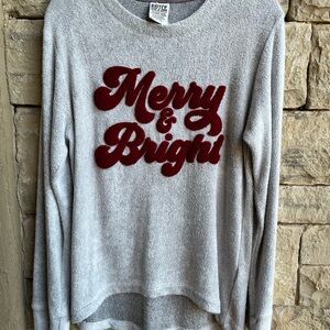 Holiday Christmas Top Gray Sweater with Red Long Sleeve